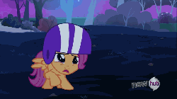 Size: 672x378 | Tagged: safe, screencap, scootaloo, g4, sleepless in ponyville, animated, female, helmet, hub logo, scared, solo
