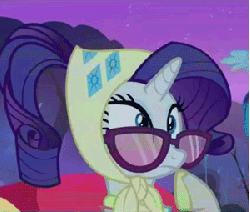 Size: 300x255 | Tagged: safe, screencap, rainbow dash, rarity, pony, g4, sleepless in ponyville, animated, blushing, camping outfit, embarrassed, female, glasses, scrunchy face, solo focus