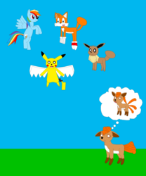 Size: 2348x2820 | Tagged: artist needed, safe, rainbow dash, eevee, fox, kitsune, pikachu, vulpix, g4, crossover, flying, male, miles "tails" prower, pokémon, sonic the hedgehog (series), wings
