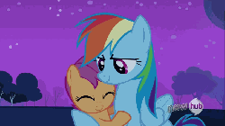 Size: 672x378 | Tagged: safe, screencap, rainbow dash, scootaloo, pegasus, pony, g4, sleepless in ponyville, animated, cuddling, eyes closed, female, filly, foal, folded wings, hub logo, hug, mare, scootalove, smiling, snuggling, winghug, wings