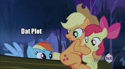 Size: 1127x628 | Tagged: safe, edit, edited screencap, screencap, apple bloom, applejack, rainbow dash, earth pony, pegasus, pony, g4, sleepless in ponyville, caption, dat ass, female, filly, hub logo, mare, meme, out of context, sitting