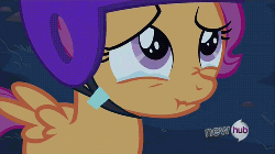 Size: 500x281 | Tagged: safe, screencap, scootaloo, pony, g4, sleepless in ponyville, animated, crying, female, hub logo, scrunchy face, solo