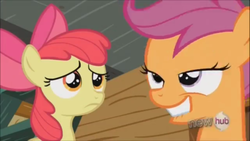 Size: 1366x768 | Tagged: safe, screencap, apple bloom, scootaloo, g4, sleepless in ponyville, hub logo, lip bite, out of context