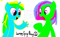 Size: 1024x639 | Tagged: dead source, safe, artist:lumpyspicypony, oc, oc only, earth pony, pony, unicorn, g4, too many pinkie pies, 1000 hours in ms paint, base used, donut steel, donut's teal, earth pony oc, eyestrain warning, grin, hoof fingers, horn, my eyes, needs more saturation, neon, obtrusive watermark, pink eyes, shocked, smiling, unicorn oc, watermark