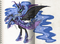 Size: 800x592 | Tagged: safe, artist:hexfloog, nightmare moon, pony, g4, armor, clothes, dress, female, frown, gritted teeth, magic, rearing, solo, spread wings, traditional art