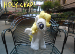 Size: 700x503 | Tagged: artist needed, safe, surprise, pegasus, pony, g1, chair, irl, outdoors, photo, plushie, spread wings, wings