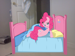 Size: 1024x768 | Tagged: safe, pinkie pie, earth pony, pony, g4, bed, bedroom eyes, female, irl, looking at you, mare, photo, pillow, ponies in real life