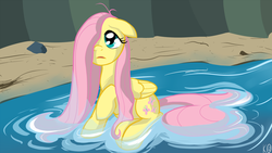 Size: 1920x1080 | Tagged: safe, artist:kyojiogami, fluttershy, pegasus, pony, g4, female, floppy ears, folded wings, hair antenna, hair over one eye, in water, looking up, mare, raised hoof, river, sitting, solo, stream, three quarter view, water, wet, wet mane, wings
