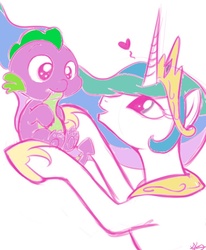 Size: 638x776 | Tagged: safe, artist:bunnimation, edit, princess celestia, spike, g4, baby dragon, baby spike, colored, cute, drool, heart, hoof hold, momlestia, newborn spike, open mouth, smiling, spikelove