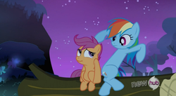 Size: 852x466 | Tagged: safe, screencap, rainbow dash, scootaloo, pony, g4, sleepless in ponyville, awkward, female, filly, hub logo, mare