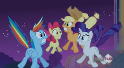 Size: 851x466 | Tagged: safe, screencap, apple bloom, applejack, rainbow dash, rarity, g4, sleepless in ponyville