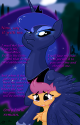 Size: 1024x1600 | Tagged: safe, artist:gavalanche, princess luna, scootaloo, alicorn, pegasus, pony, g4, sleepless in ponyville, crossover, dune, duo, female, filly, floppy ears, hug, mare, scared, teary eyes, winghug