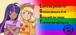 Size: 960x446 | Tagged: safe, applejack, twilight sparkle, human, g4, dark skin, female, humanized, lesbian, lgbt, pride, ship:twijack, shipping