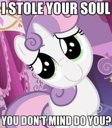 Size: 841x960 | Tagged: safe, sweetie belle, g4, sleepless in ponyville, c:, caption, cute, inverted mouth, pure unfiltered evil, sweetie frown