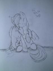 Size: 720x960 | Tagged: safe, artist:1trik, rainbow dash, scootaloo, pegasus, pony, g4, season 3, cute, duo, duo female, female, filly, foal, mare, monochrome, nuzzling, scootalove, sibling love, simple background, sisterly love, traditional art, white background