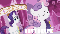 Size: 672x378 | Tagged: safe, edit, edited screencap, screencap, rarity, sweetie belle, g4, animated, don't ban me, female, image macro, pouting, pure unfiltered evil, sweetie frown