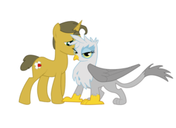 Size: 750x550 | Tagged: safe, artist:slanderxoxo, oc, oc only, oc:apollo, oc:petal, griffon, pony, unicorn, griffon oc, horn, interspecies, oc x oc, shipping, unicorn oc