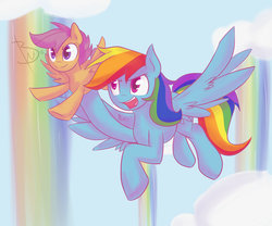 Size: 2950x2450 | Tagged: safe, artist:blackswhites, rainbow dash, scootaloo, pegasus, pony, g4, sleepless in ponyville, duo, female, filly, flying, mare, open mouth, scene interpretation, scootalove, spread wings, wing fluff, wings, winsome falls