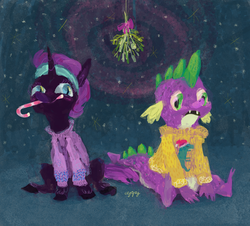 Size: 500x451 | Tagged: safe, artist:cutebrows, spike, oc, oc:nyx, alicorn, dragon, pony, g4, alicorn oc, christmas, clothes, duo, female, filly, mistletoe, nyxmas, sweater