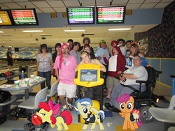 Size: 500x375 | Tagged: safe, apple bloom, scootaloo, human, g4, bowling, brony, cosplay, irl, irl human, photo