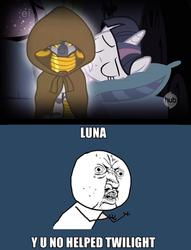 Size: 1122x1472 | Tagged: safe, princess luna, twilight sparkle, zecora, zebra, g4, my little pony: friendship is magic, sleepless in ponyville, dream walker luna, exploitable meme, memegenerator