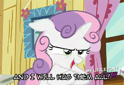 Size: 500x347 | Tagged: safe, edit, edited screencap, screencap, sweetie belle, g4, sleepless in ponyville, adorabolical, adoraevil, animated, cute, diasweetes, female, hape, hub logo, imma snuggle you, imminent hape, imminent non consensual cuddling, implied hugging, non-consensual cuddling, pure unfiltered evil, weapons-grade cute