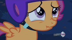 Size: 767x424 | Tagged: safe, screencap, scootaloo, g4, sleepless in ponyville, crying, helmet, hub logo, sad, scrunchy face, solo