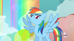 Size: 761x423 | Tagged: safe, screencap, rainbow dash, pony, g4, sleepless in ponyville, female, hub logo, rainbow, rainbow waterfall, solo, spread wings, wings