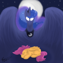 Size: 1440x1440 | Tagged: safe, artist:thundershock0823, princess luna, scootaloo, g4, sleepless in ponyville, dream