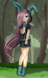 Size: 1280x2053 | Tagged: safe, artist:pridark, fluttershy, human, g4, blushing, bunny ears, clothes, cute, dangerous mission outfit, female, gloves, hair over one eye, hoodie, humanized, looking at you, shyabetes, solo
