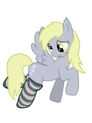 Size: 600x800 | Tagged: safe, artist:yoshio, derpy hooves, pegasus, pony, g4, blushing, clothes, female, mare, pixiv, socks, solo, striped socks