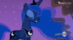 Size: 851x471 | Tagged: safe, screencap, princess luna, g4, sleepless in ponyville, hub logo, livestream, youtube caption