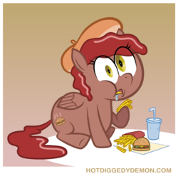 Size: 805x786 | Tagged: safe, artist:hotdiggedydemon, oc, oc only, food pony, original species, burger, burgette, cannibalism, caught, chubby, eating, food, french fries, hamburger, ponies eating meat, soda