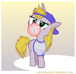 Size: 805x786 | Tagged: safe, artist:hotdiggedydemon, oc, oc only, oc:janet junior, pony, unicorn, backwards ballcap, baseball cap, bubblegum, cap, clothes, female, hat, mare, shirt