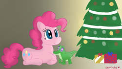 Size: 1920x1080 | Tagged: safe, artist:verminshy, gummy, pinkie pie, g4, christmas, christmas tree, happy, present