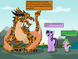 Size: 1024x777 | Tagged: safe, artist:blood-asp0123, spike, twilight sparkle, dragon, pony, unicorn, wyvern, g4, crossover, female, male, mare, skyrim, speech bubble, the elder scrolls, trio, unicorn twilight