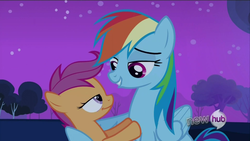 Size: 1280x720 | Tagged: safe, screencap, rainbow dash, scootaloo, g4, sleepless in ponyville, hub logo, lidded eyes, out of context, scootalove