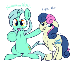 Size: 457x407 | Tagged: safe, artist:lulubell, bon bon, lyra heartstrings, sweetie drops, earth pony, pony, unicorn, g4, bon bon is not amused, duo, fourth wall, humie, looking at you, simple background, transparent background, unamused