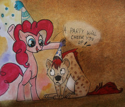 Size: 900x774 | Tagged: safe, artist:00blackberry00, pinkie pie, earth pony, hyena, pony, g4, hat, party hat, traditional art