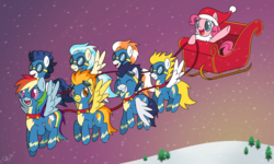Size: 3000x1800 | Tagged: safe, artist:oomles, fire streak, high winds, misty fly, pinkie pie, rainbow dash, soarin', spitfire, surprise, earth pony, pegasus, pony, bell, christmas, colored pupils, cute, eyes closed, fake beard, female, flying, goggles, grin, happy, hat, holiday, hoof hold, male, mare, open mouth, reins, santa hat, sleigh, smiling, snow, spread wings, stallion, wings, wonderbolts