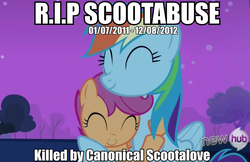 Size: 955x620 | Tagged: safe, edit, edited screencap, screencap, rainbow dash, scootaloo, pegasus, pony, g4, sleepless in ponyville, caption, cute, duo, duo female, female, hug, image macro, scootalove, text