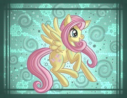 Size: 1800x1400 | Tagged: safe, artist:raptor007, fluttershy, pegasus, pony, g4, female, mare, open mouth, open smile, patterned background, profile, raised hoof, smiling, solo, spread wings, wings