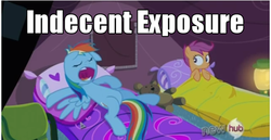 Size: 500x257 | Tagged: safe, edit, edited screencap, screencap, rainbow dash, scootaloo, g4, sleepless in ponyville, floppy ears, hub logo, image macro, open mouth, snoring, teddy bear