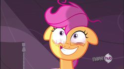 Size: 1134x635 | Tagged: safe, screencap, scootaloo, g4, sleepless in ponyville, bloodshot eyes, faic, hub logo, reaction image, red eyes, solo