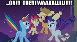 Size: 768x425 | Tagged: safe, edit, edited screencap, screencap, apple bloom, applejack, rainbow dash, rarity, sweetie belle, earth pony, pegasus, pony, unicorn, g4, sleepless in ponyville, campfire song, female, filly, hub logo, image macro, jumping, mare, roflbot, scared, screaming, singing, startled, yelling