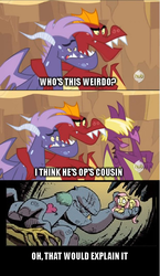 Size: 421x724 | Tagged: safe, edit, edited screencap, idw, official comic, screencap, cave troll jim, fluttershy, garble, spear (g4), vex, cave troll, dragon, pegasus, pony, troll (fantasy), dragon quest, friendship is magic #2, g4, the return of queen chrysalis, spoiler:comic, caption, cave, cave dweller, comic, hub logo, issue 2, op, teenaged dragon, text