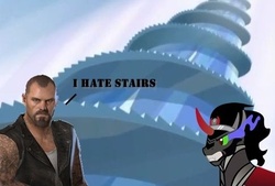 Size: 485x328 | Tagged: safe, edit, edited screencap, screencap, king sombra, human, pony, unicorn, g4, the crystal empire, crossover, francis, king sombra's stair dimension, left 4 dead, male, man, spiral stairs, stairs, stallion, that pony sure does love stairs