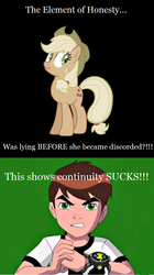 Size: 560x997 | Tagged: safe, applejack, g4, ben 10, ben 10 ultimate alien, ben tennyson, image macro, liar face, liarjack, omnitrix