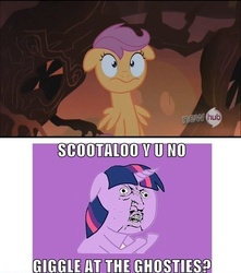 Size: 500x566 | Tagged: safe, scootaloo, twilight sparkle, g4, season 3, sleepless in ponyville, female, filly, hub logo, image macro, laughter song, meme, scary tree, tree