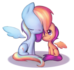 Size: 1000x949 | Tagged: safe, artist:lillynya, rainbow dash, scootaloo, pegasus, pony, g4, duo, duo female, eyes closed, female, filly, floating wings, mare, one eye closed, scootalove, simple background, sitting, transparent background, wings